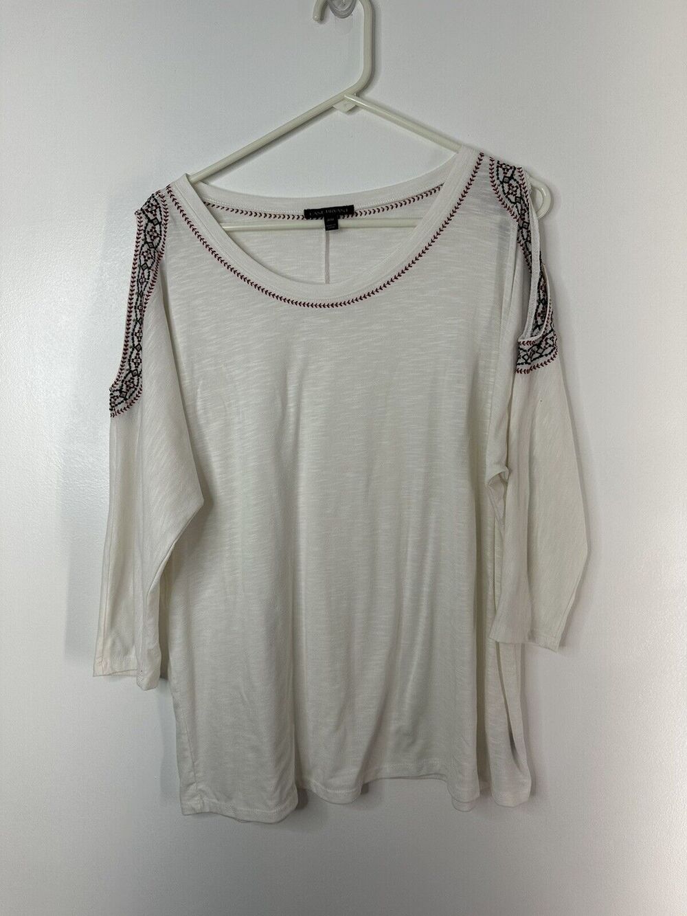 Lane Bryant Women's Cold Shoulder Shirt Size 14/16 Cream Embroidered 3/4 Sleeves